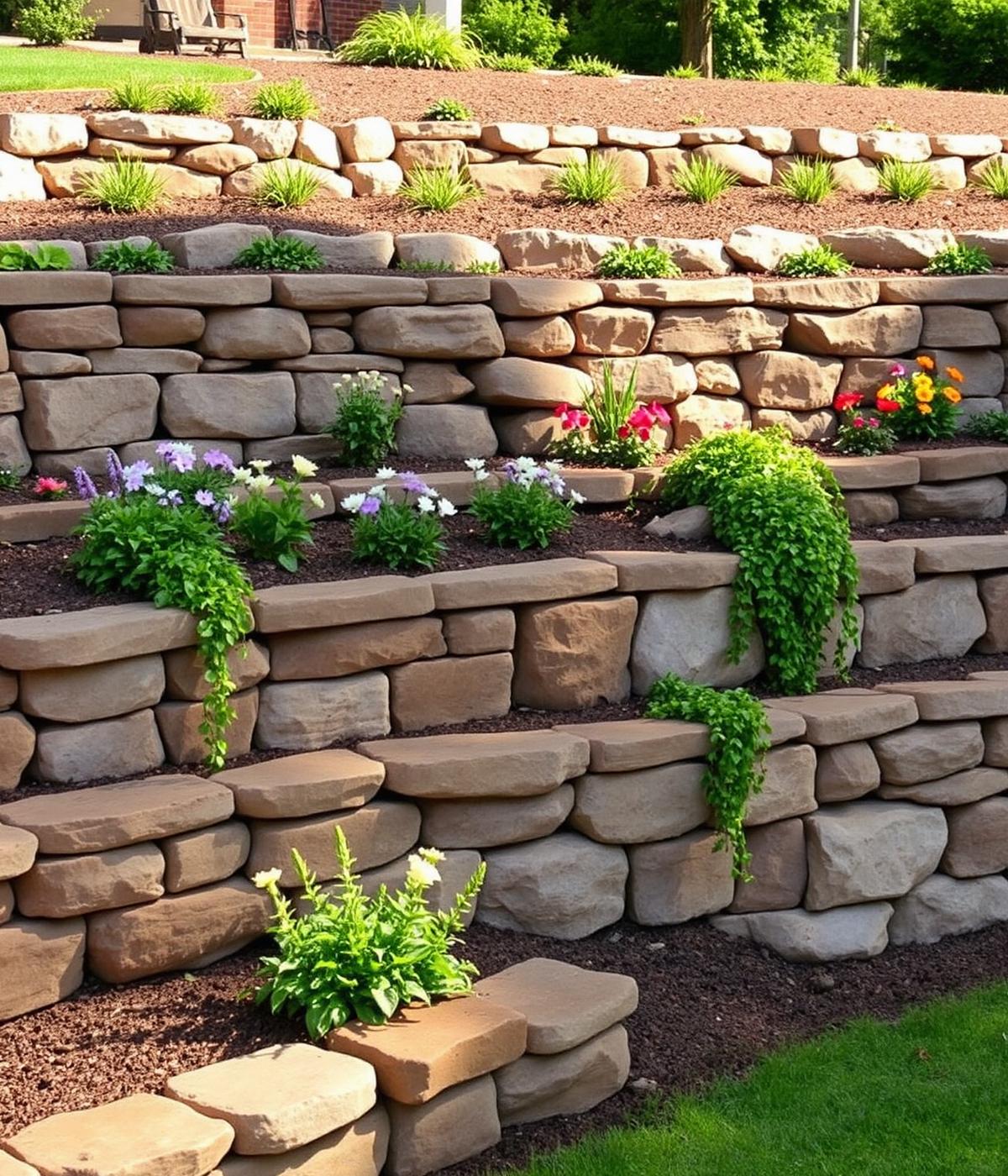 Tiered stone garden wall